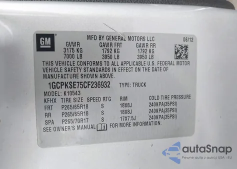 2012 Chevrolet Silverado 1500 Lt z USA, uszkodzony, nr VIN 1GCPKSE75CF236932